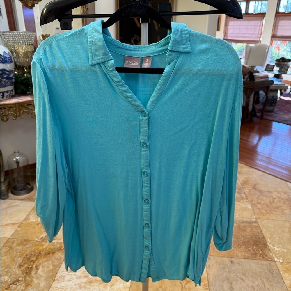 Chico's Aqua Button-Down Shirt